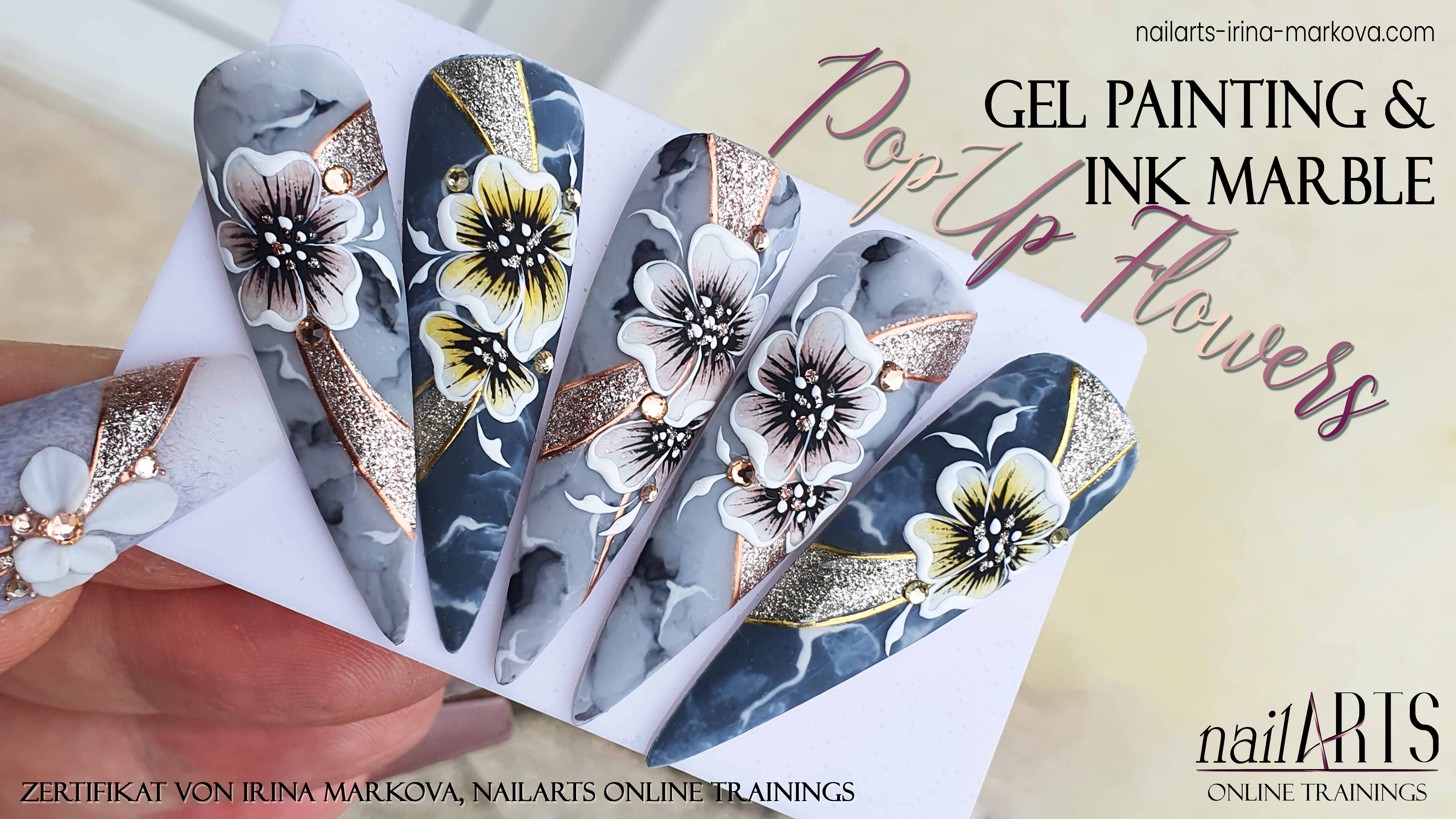 ONLINE nailART TRAINING PopUp Flowers: Gel Painting & Ink Marble